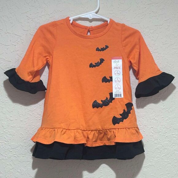 New Girls 12-18 Months Halloween Dress Glitter Bats Orange & Black Dot & Zazz - Picture 2 of 8